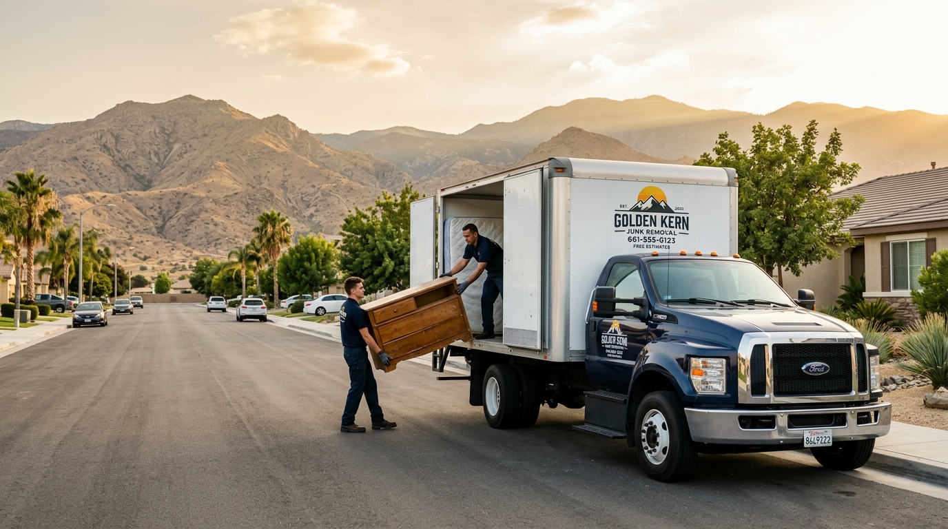 Golden Kern hauling crew unloading items at certified recycling facility in Kern County